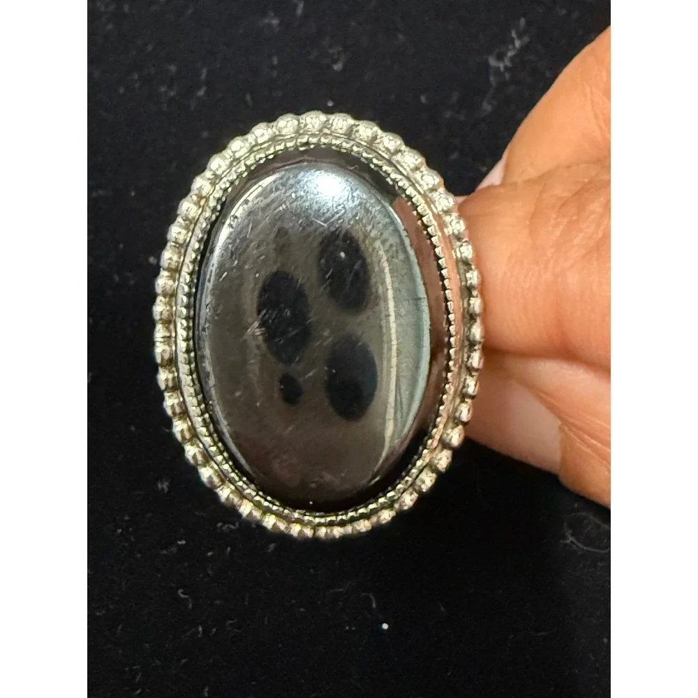 Whiting & Davis Vintage Hematite Glass Cabochon‎ Statement Ring Silver 9.5